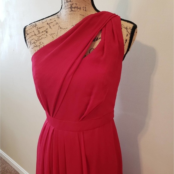 Davids Bridal NWT long one shoulder crinkle chiffon bridesmaid dress apple red 6 - Picture 3 of 10